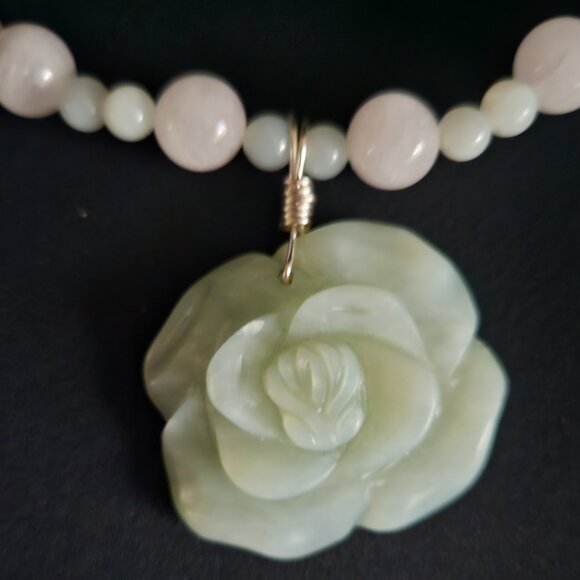 Hand Crafted Jewelry - Handcrafted Artisan Rose Quartz Jade with Carved Jade Pendant Necklace